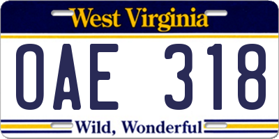 WV license plate OAE318
