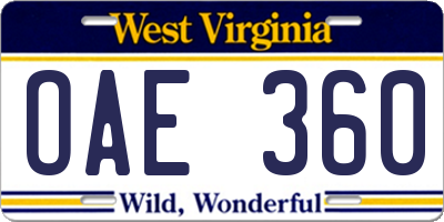 WV license plate OAE360