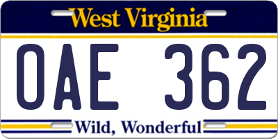WV license plate OAE362