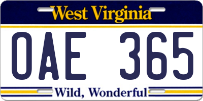 WV license plate OAE365