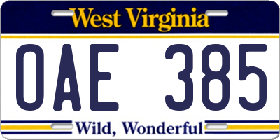 WV license plate OAE385