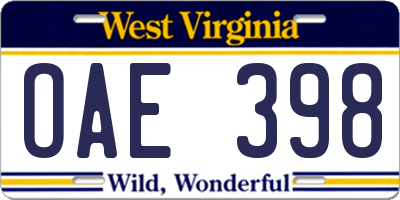 WV license plate OAE398