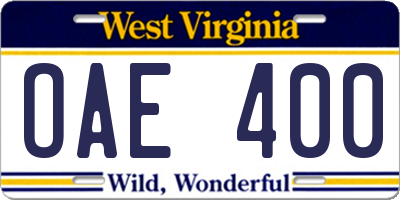 WV license plate OAE400