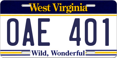 WV license plate OAE401