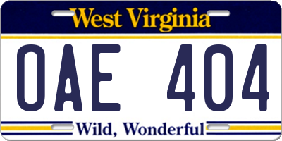 WV license plate OAE404