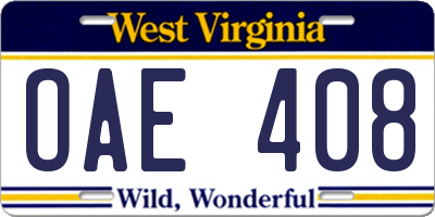 WV license plate OAE408