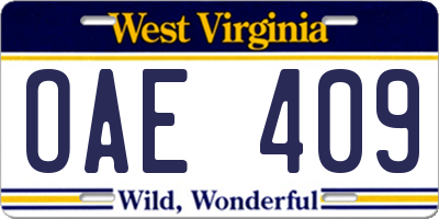 WV license plate OAE409