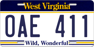 WV license plate OAE411