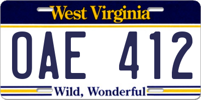 WV license plate OAE412