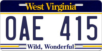 WV license plate OAE415