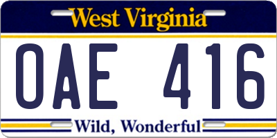 WV license plate OAE416