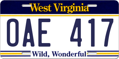 WV license plate OAE417