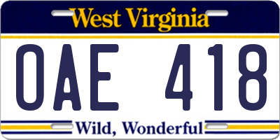 WV license plate OAE418