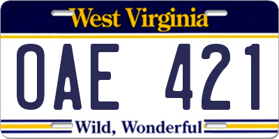 WV license plate OAE421