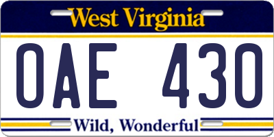 WV license plate OAE430