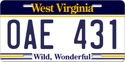WV license plate OAE431