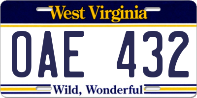 WV license plate OAE432