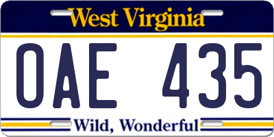 WV license plate OAE435