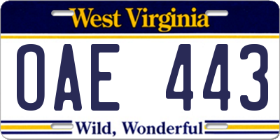 WV license plate OAE443