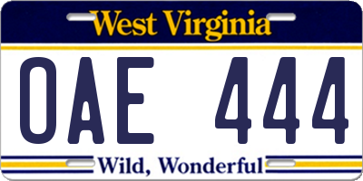WV license plate OAE444