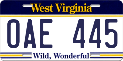 WV license plate OAE445