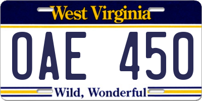 WV license plate OAE450