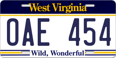 WV license plate OAE454