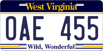 WV license plate OAE455