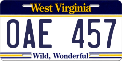 WV license plate OAE457