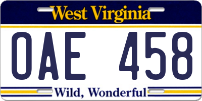 WV license plate OAE458