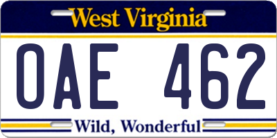 WV license plate OAE462