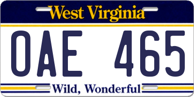 WV license plate OAE465