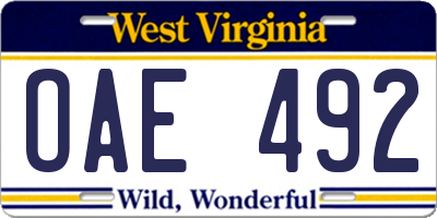 WV license plate OAE492