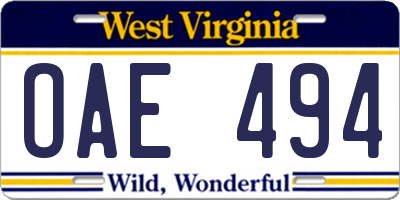 WV license plate OAE494