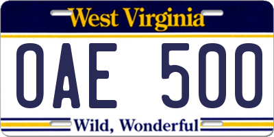 WV license plate OAE500