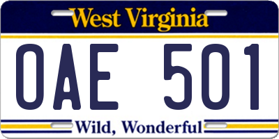 WV license plate OAE501