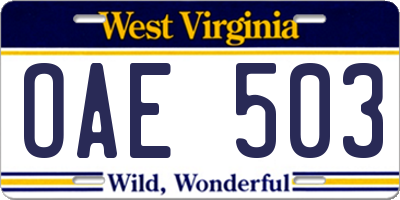 WV license plate OAE503