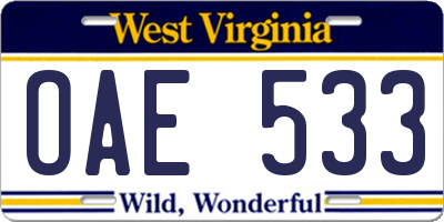 WV license plate OAE533
