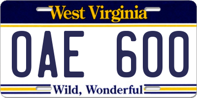 WV license plate OAE600