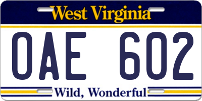 WV license plate OAE602