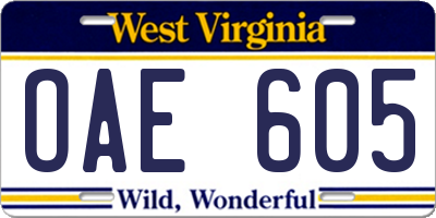 WV license plate OAE605