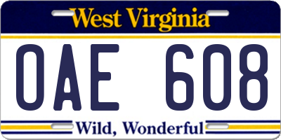 WV license plate OAE608