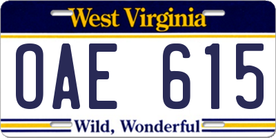 WV license plate OAE615