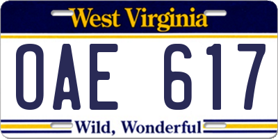 WV license plate OAE617