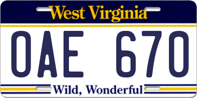 WV license plate OAE670