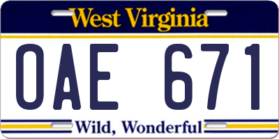 WV license plate OAE671