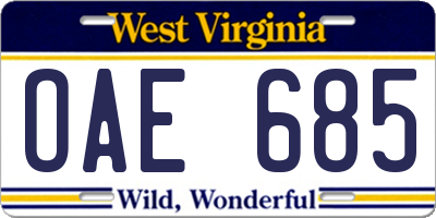 WV license plate OAE685