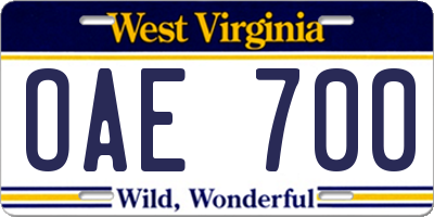 WV license plate OAE700