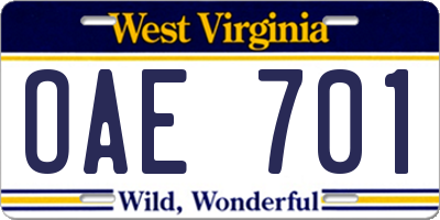 WV license plate OAE701