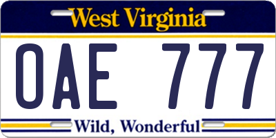 WV license plate OAE777